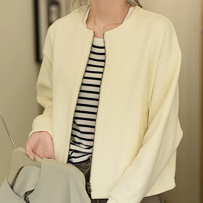 

Round Neck Cardigan Zippered Jacket For Women's Spring And Autumn New Cotton Loose Casual Short Jacket With Bat Sleeves