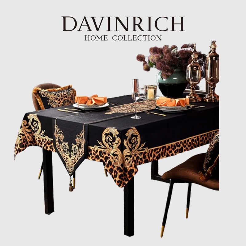 

DAVINRICH Baroque Victorian Luxury Tablecloth Gold And Black Damask Floral Rectangular Table Cover Runners European Medusa Decor