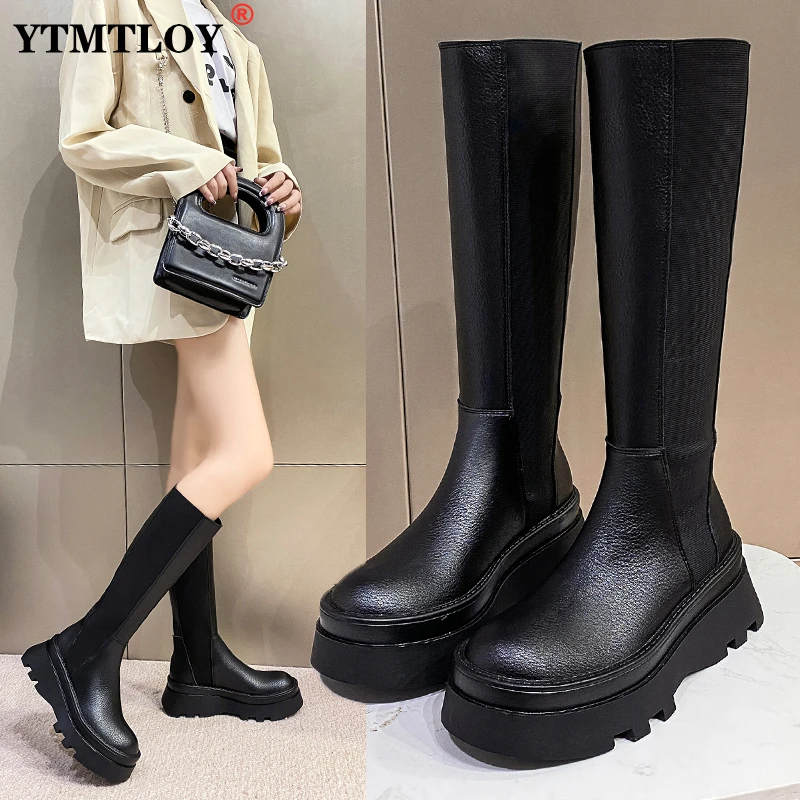 

High Boots Women Zipper Leather Shoes 2022 Autumn Thick Bottom Platform Ladies Knee High Boots Elegant Fashion Female Footwear