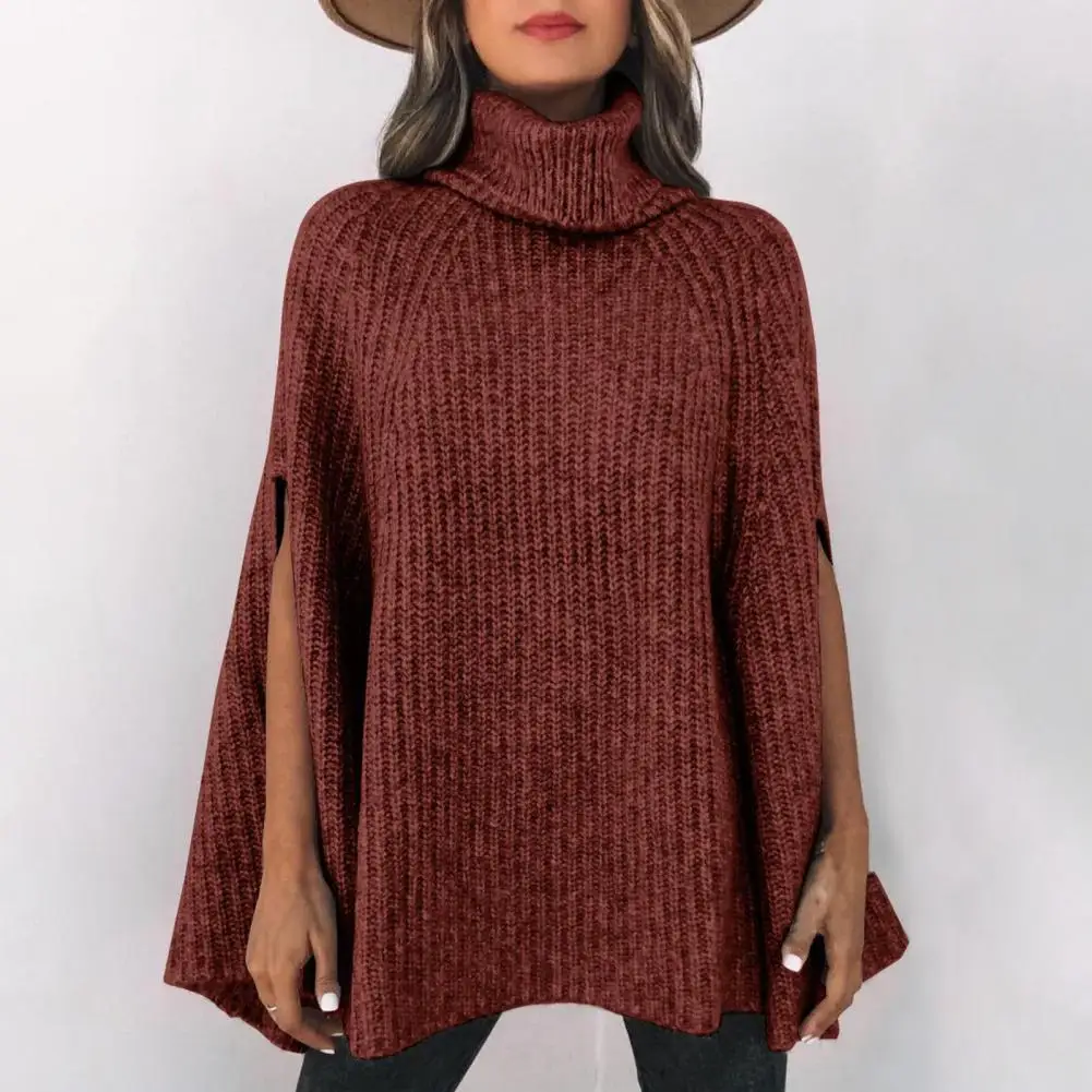 

Women Turtleneck Sweater cloak Solid Color Batwing Sleeve Loose Autumn Winter Slit Knitted Cape Sweater Female Clothing