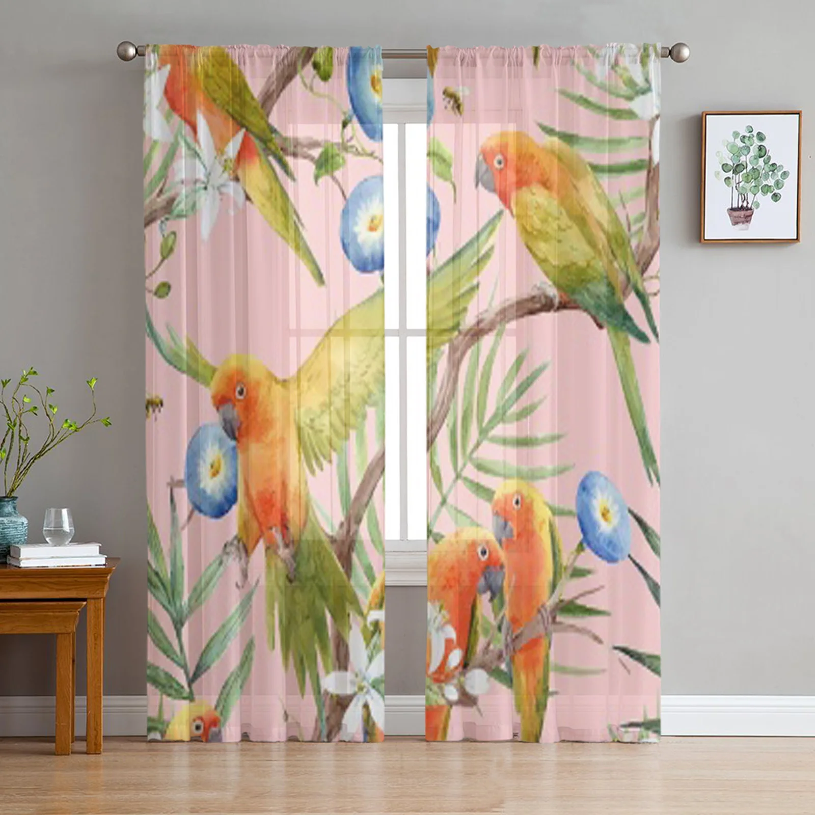 

Hawaii Parrot Tropical Leaves And Blooming Tropical Fruits Sheer Tulle Window Curtains Voile Drape for Living Room Bedroom