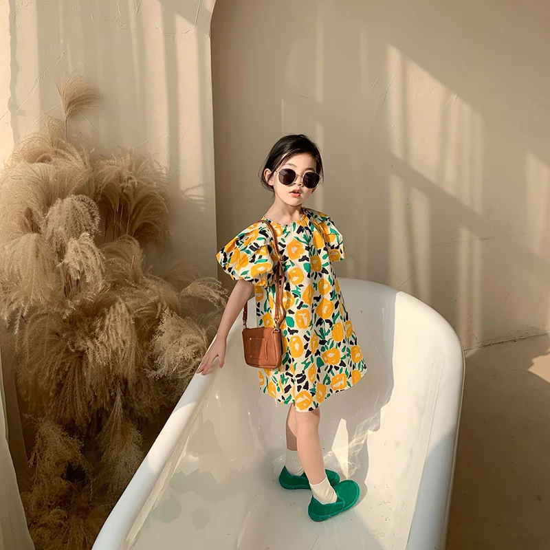 

2022 Summer Kids Girls New Bubble Sleeve Floral Princess Dress Fashion Baby Cotton Cute Clothing Cotton A368