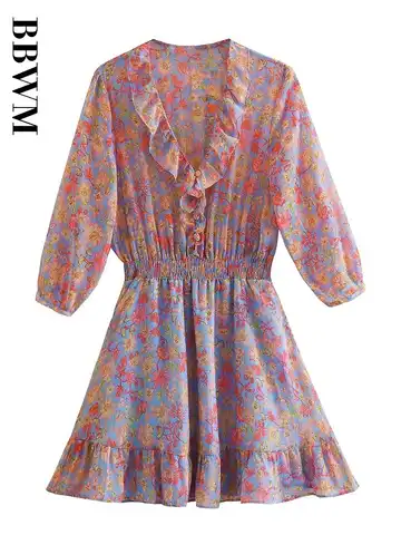 Flower Print Dress Women V Neck Mini Dress Woman Elastic Wide Waist Summer Dresses Women 2023 Elegant Chic A-Line Short Dress