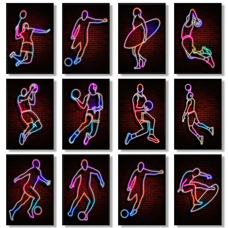 

Абстрактная неоновая живопись на холсте Печать баскетбольный игрок настенный художественный плакат конкурентоспособный спортсмен холст ...