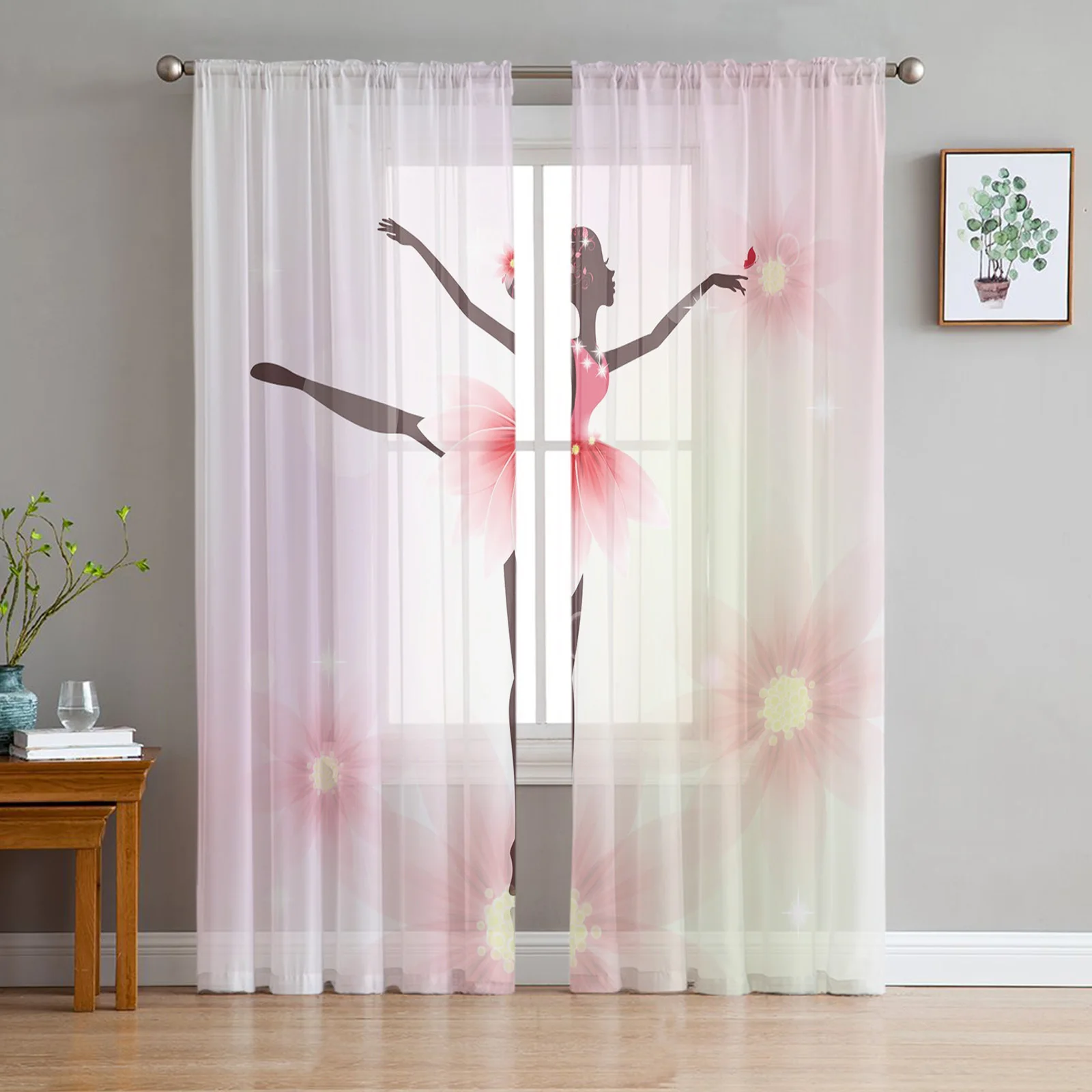 

Ballet Girls Flowers Art Printed Curtains Drape Sheer Tulle Home Decoration Living Room Bedroom Cortinas Chiffon Window Curtains