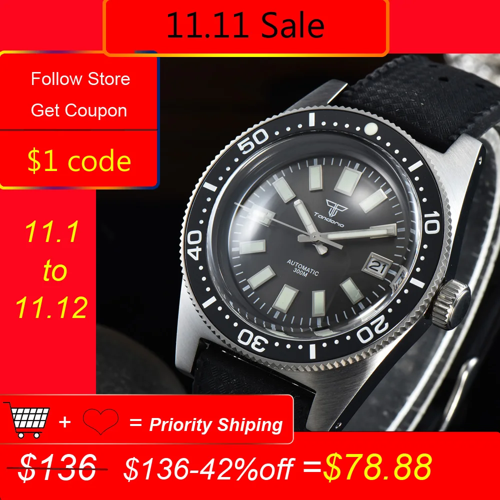 Купить Tandorio 41 мм 62MAS автоматический купольный сапфировое стекло светящийся NH35A PT5000 Move для мужчин T 300m Дайвинг мужские наручные часы резиновый ремеш...