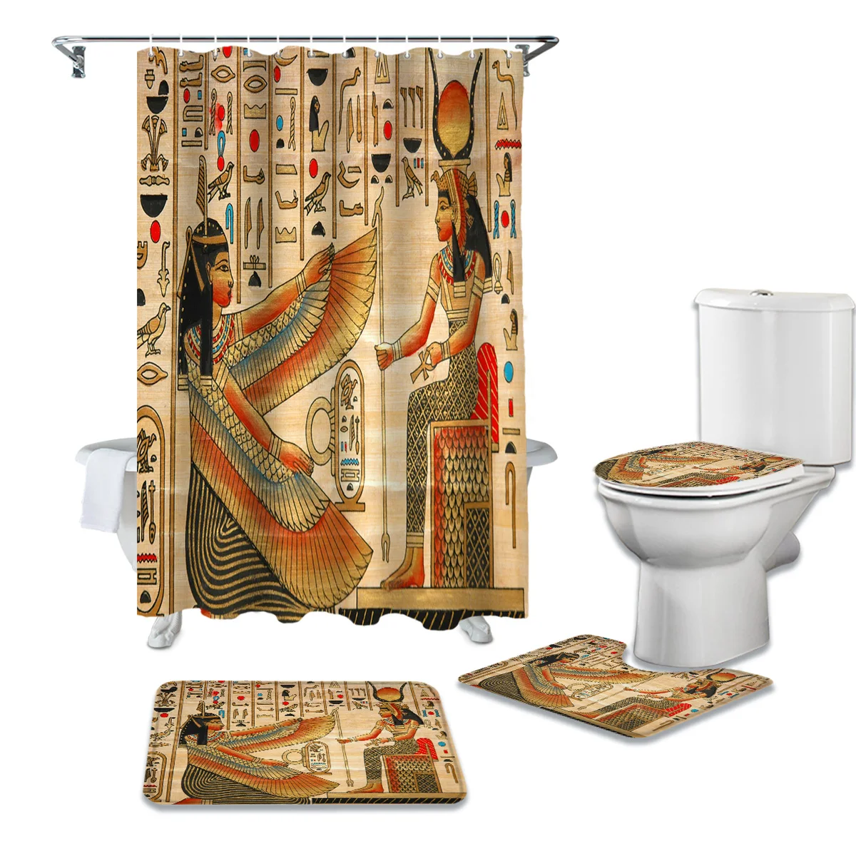 

Egypt Character Desert Wall Retro Shower Curtain Set Anti-slip Bath Mat Toilet Cover Waterproof Polyester Bathroom Curtain