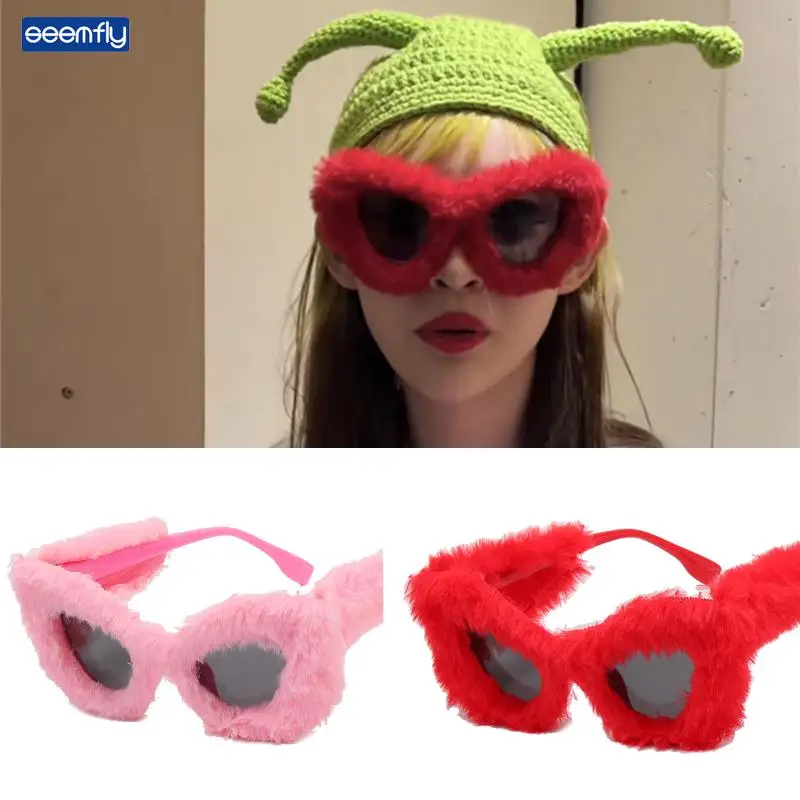 

Очки солнцезащитные Seemfly женские, кошачий глаз, мягкие плюшевые декоративные очки с мехом, модные красочные, подарок