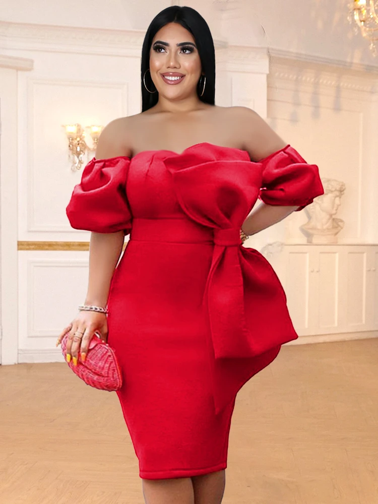 

Off Shouler Red Dresses Plus Size Women Tube Top Sexy Bodycon Knee Length Christmas Evening Cocktail Outfits with Bowtie Gowns
