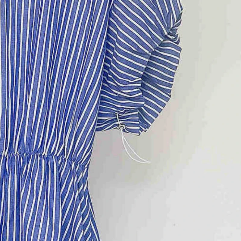 

2023 Early Autumn Blue Striped Lapel Embroidery Casual Shirt Style Dress Women