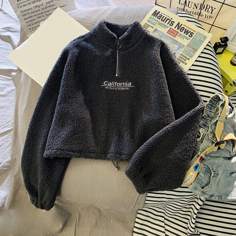 New Women Lamb Wool Short Sweatshirt Zipper Pocket Thick  Half High Collar Jacket Autumn Winter Warm Soft Long Sleeve Tops Coats