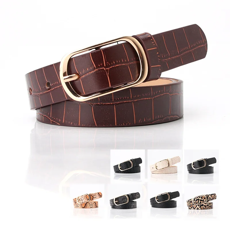 New Vintage Crocodile Skin Print Belt for Women Black Fashion Waist Leather Belt for Lady Female Gold Pin Buckle Waistband Belts