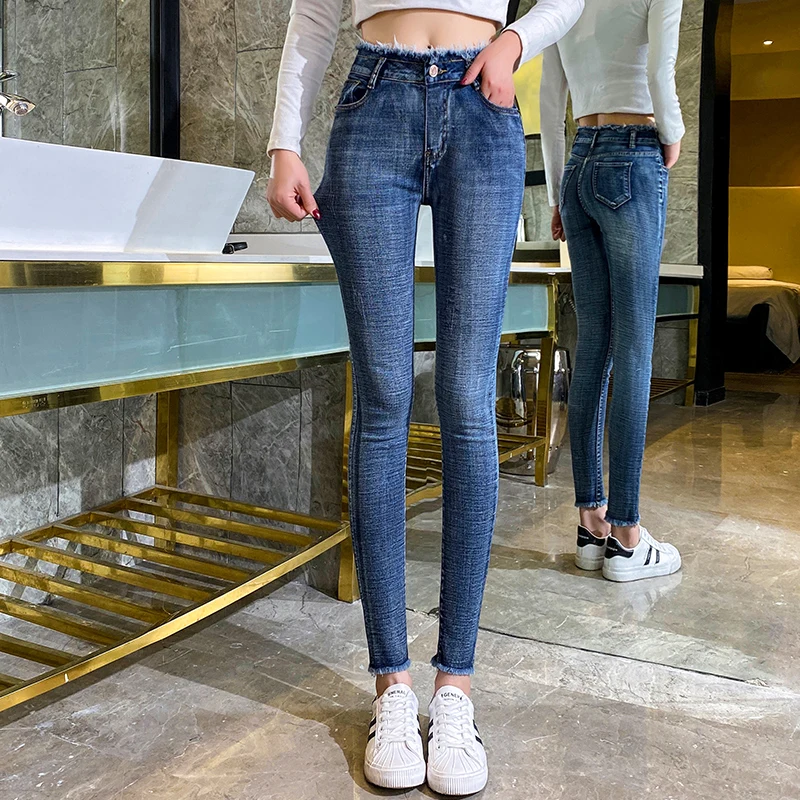 

Elastic Skinny Jeans Woman Fashion High Waist Pencil Pants Denim Tassel 2020 New Solid Wash Fashion Slim Jeans Black Stretch