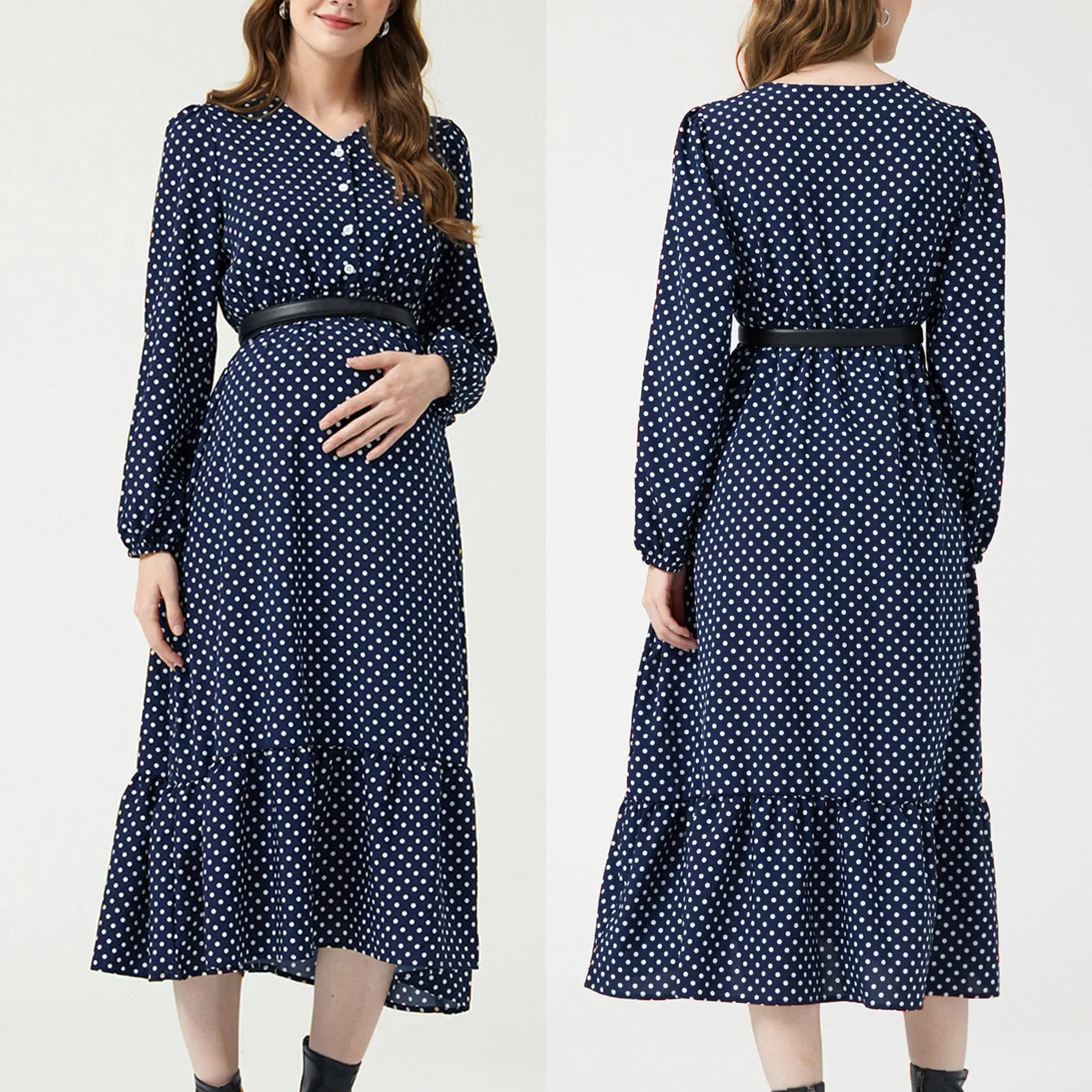 

Dress for Women Casual Womens Dot Prints Elegant V Neck Long Sleeve Buttons Dress Knit Cotton Dress Pockets