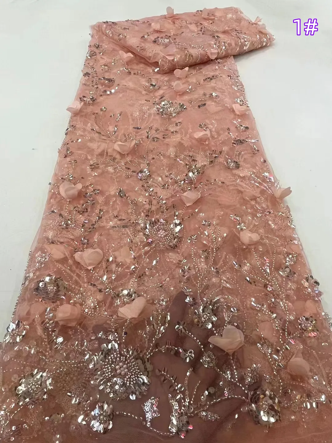 

European and American 3D three-dimensional applique sequin fabric, exquisite lace mesh bead tube beads wedding evening dress