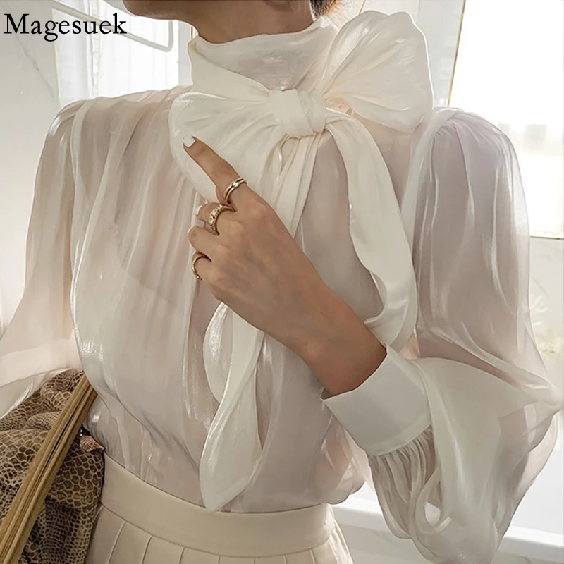 

Korean Fashion Shiny Women Elegant Shirts Spring Sweet Big Bow Knot Ribbon Blouse Loose Lantern Sleeve Top Female Clothing 18527