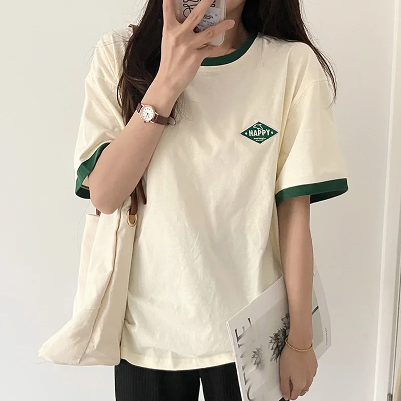 

Футболка женская с коротким рукавом, свободная хлопковая рубашка с Вышивкой Букв в стиле Харадзюку, топ для молодых девушек, зеленая улична...