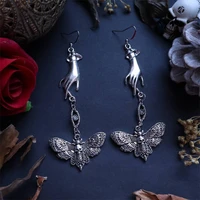new retro gothic death skull moth drop earring for women fahion vintage punk hand shape connect inlay stone eyes pendent jewelry