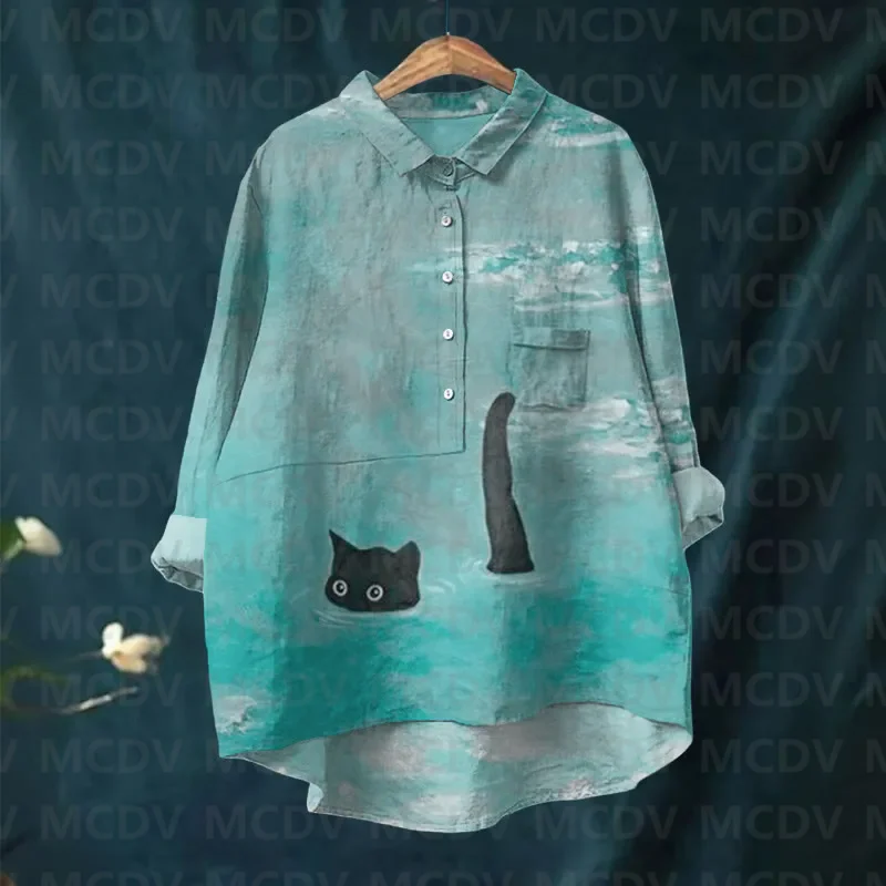 Женская повседневная блузка с лацканами и милым черным котом цветочным принтом