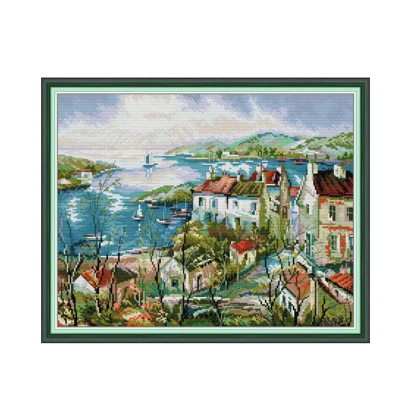 

Joy Sunday Seaside Town Scenery Cross Stitch Kits Pattern 11CT 14CT Count Canvas Fabric Embroidery Set Needlework Sewing Kits