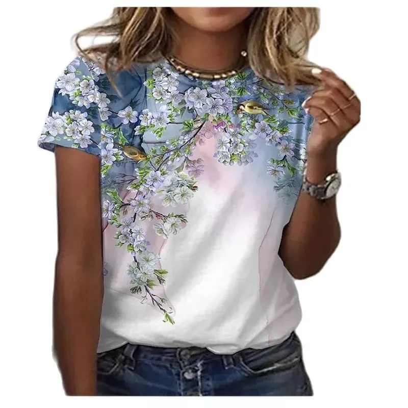 

New women's summer short sleeve T-shirt, 3D floral print, round neck, loose casual style XXS-6XL