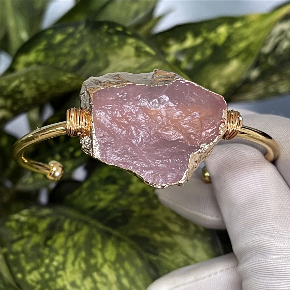 

Amazing natural raw Madagascar rose quartz bangle with gold plating wire wrapped fashion jewelry