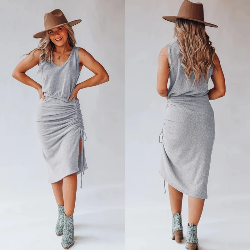 

Women's Pure Color Casual Square Collar Drawstring Sleeveless Dress Gray