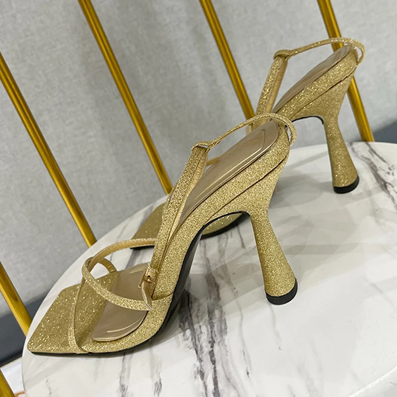 

Fashion Bling Sequined Cloth Square Toe High Heels Summer Party Wedding Dress Sandals Women Ankle Buckle Strap Blue Shoes Mujer