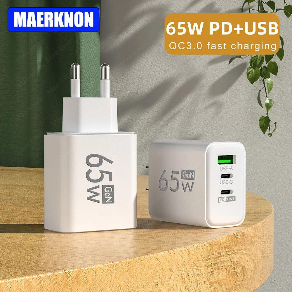 

65W GAN 3 Ports USB PD Charger Fast Charging Type C Wall Adapters For iPhone 14 Pro Xiaomi 13 Pro Huawei Samsung Travel Charger