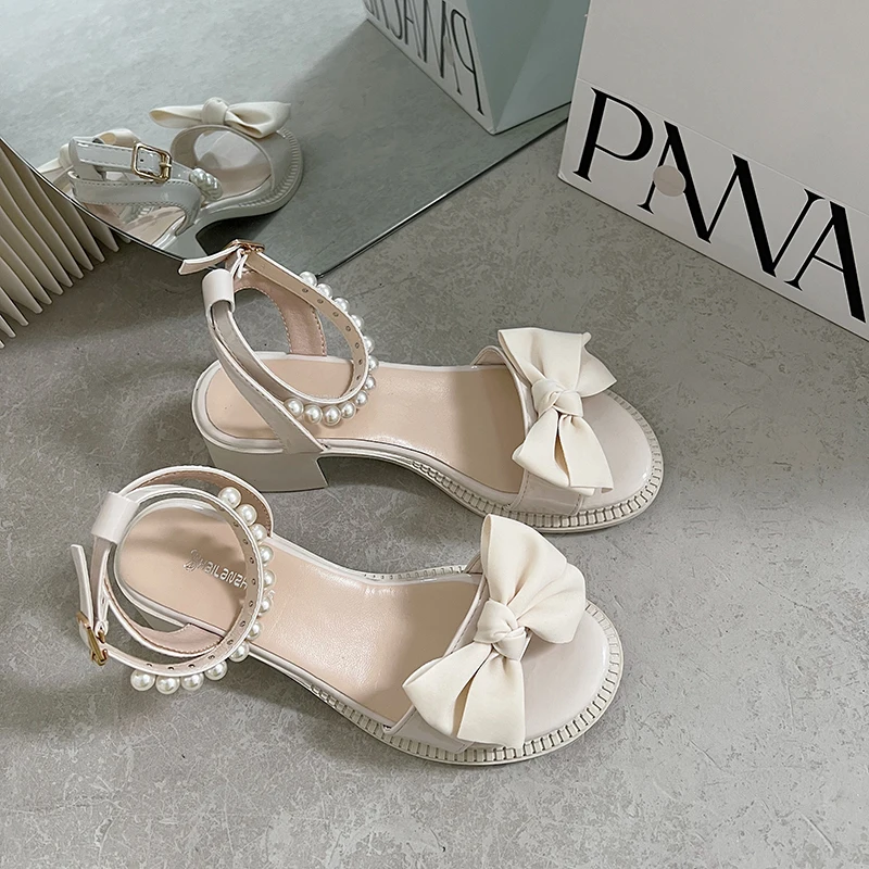 

Женские босоножки на среднем каблуке, черные или бежевые сандалии с бантом, в стиле ретро, лето 2022