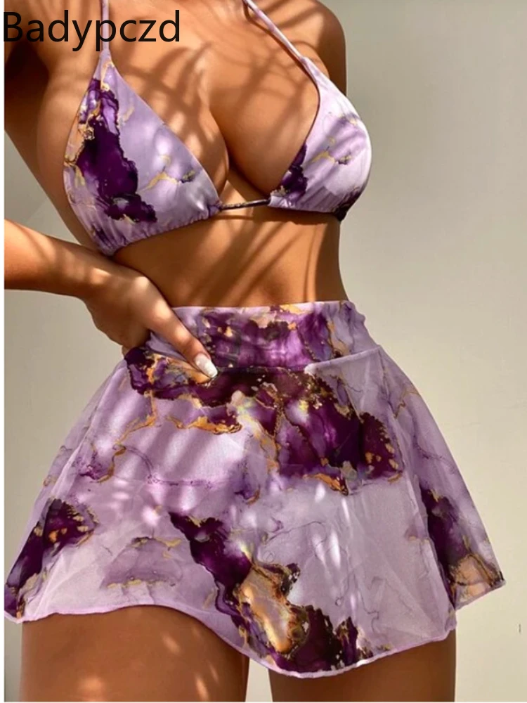 

Badypczd Swimwear 2022 New Three-piece Printed Bikini Set for Women Sexy Strappy Skirt Triangle Swimsuit High Waisted Swimwear