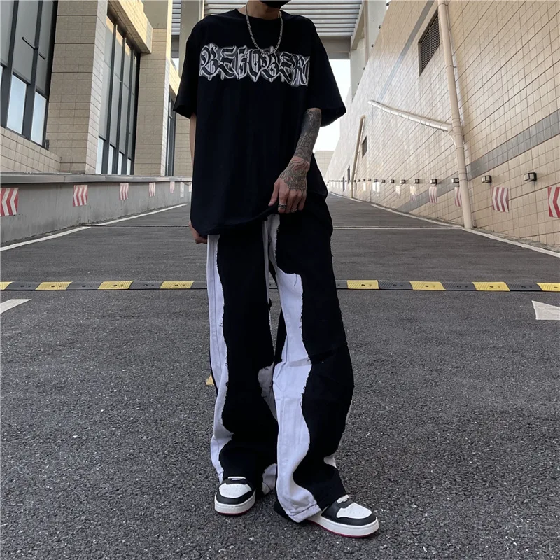 DEEPTOWN Y2K Patchwork Jeans Men Hip Hop Straight Denim Pants Loose Casual Streetwear Trousers Male Fashion Black Pink Plus 4XL
