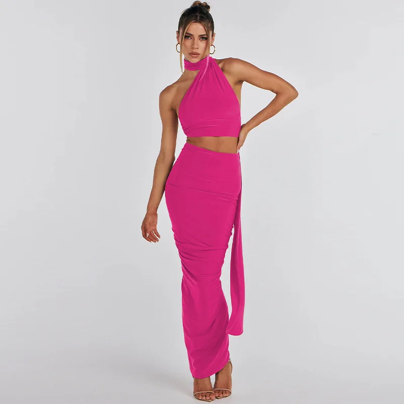 

Clothing Solid Summer Backless Tube Top Slim Pleated Skirt Suit Belt Tank Sleeveless Women Off Waist Ankle Length Dress