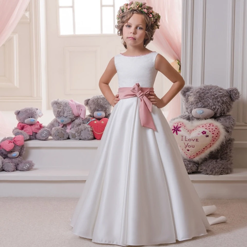 Белые детские платья с цветочным узором для девочек на свадьбу атласное
