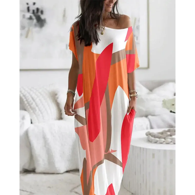 

2023 Summer Oversize Women's Long Dress Printed O-neck Loose Casual Dresses Female New Elegant Fashion Beach Clothes Ladies