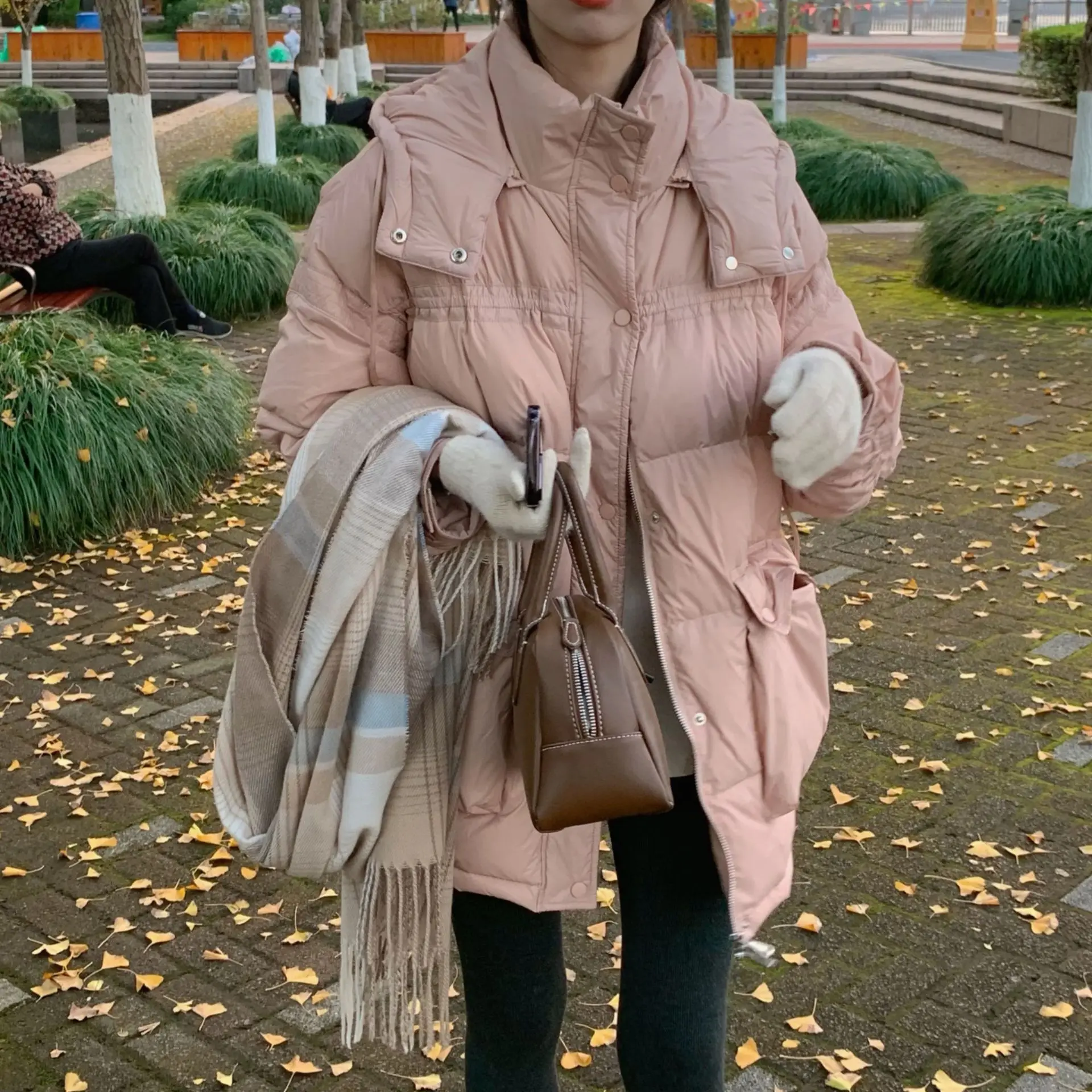 New Hooded Down Jacket Women's Medium-length Solid Colour Jacket Winter White Duck Down Sweet Thickening Warm Cotton Clothing