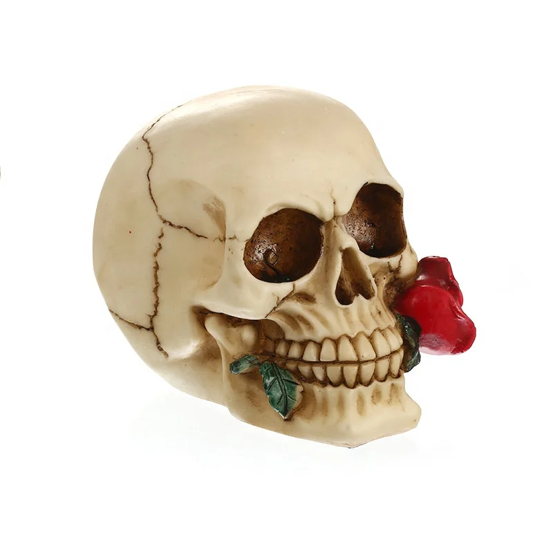 

Resin Skull Skeleton Head Sculptures with Rose Flower Crafts for Halloween Home Decoration