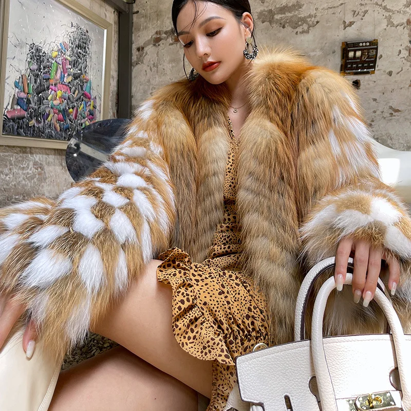 Luxury Checkerboard Red Fox Fur Coat Jackets Women Female Natural Gold Island Fox Fur Plush Warm Outerwear 2023 New Clothes