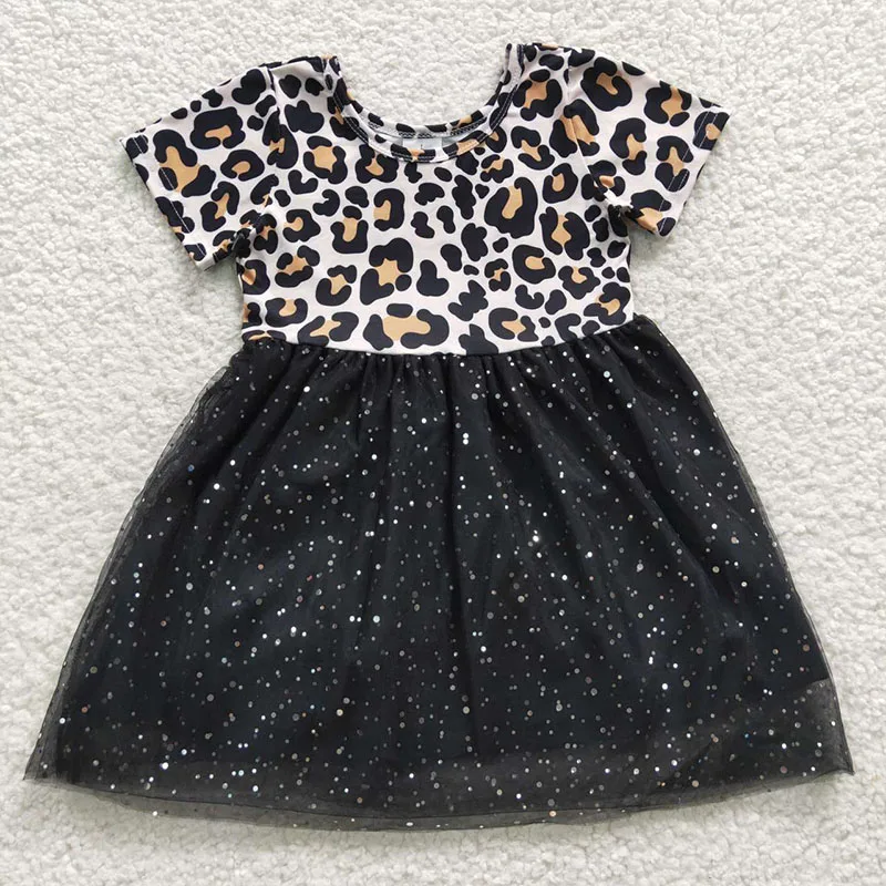 

Boutique kids dresses for girls black leopard print short sleeves tulle dress girl wholesale baby girl clothing