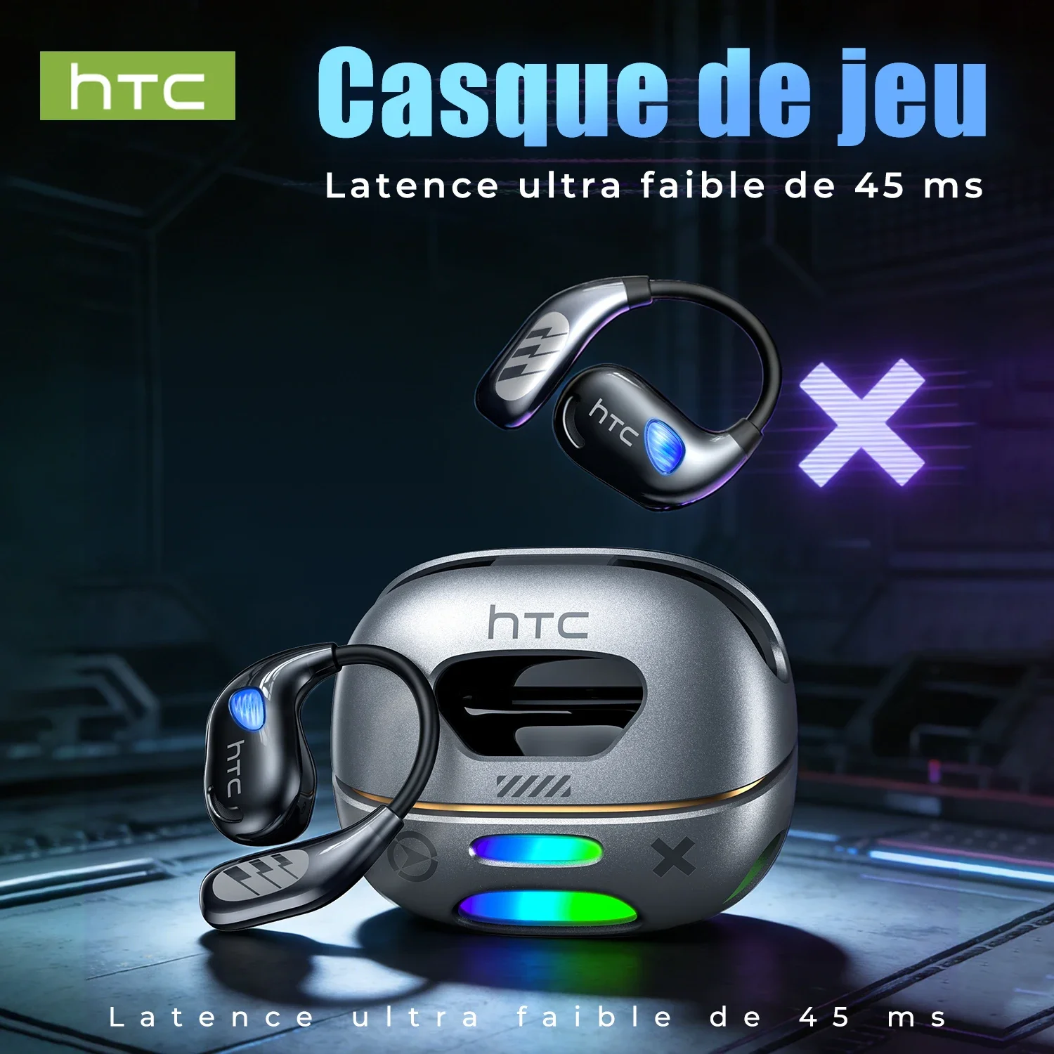 Фото Беспроводные наушники HTC NE69 AI Translator для гейминга, стереоаудио, оптимизированные для игр, Bluetooth 6.0, низкая задержка, RGB-подсветка, зарядный кейс №1