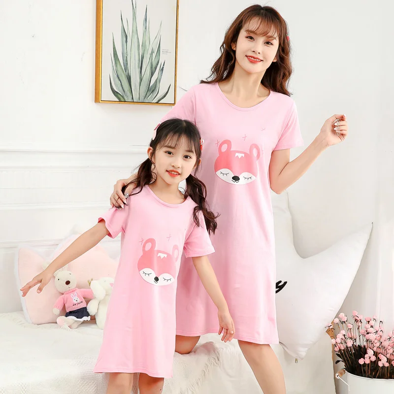 

Woman Nightgdress New Cute Animal Fox Cotton Nightdress Kid Girl Sleepwear for Mother Kids Daughter Matching Summer Nightwear