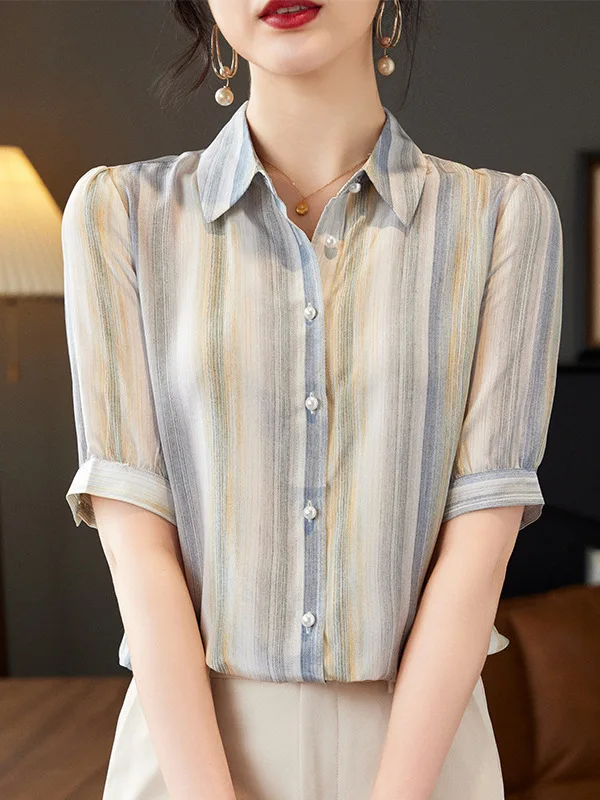 Элегантная рубашка BirdTree из 100% натурального шелка Женская Полосатая Рубашка С