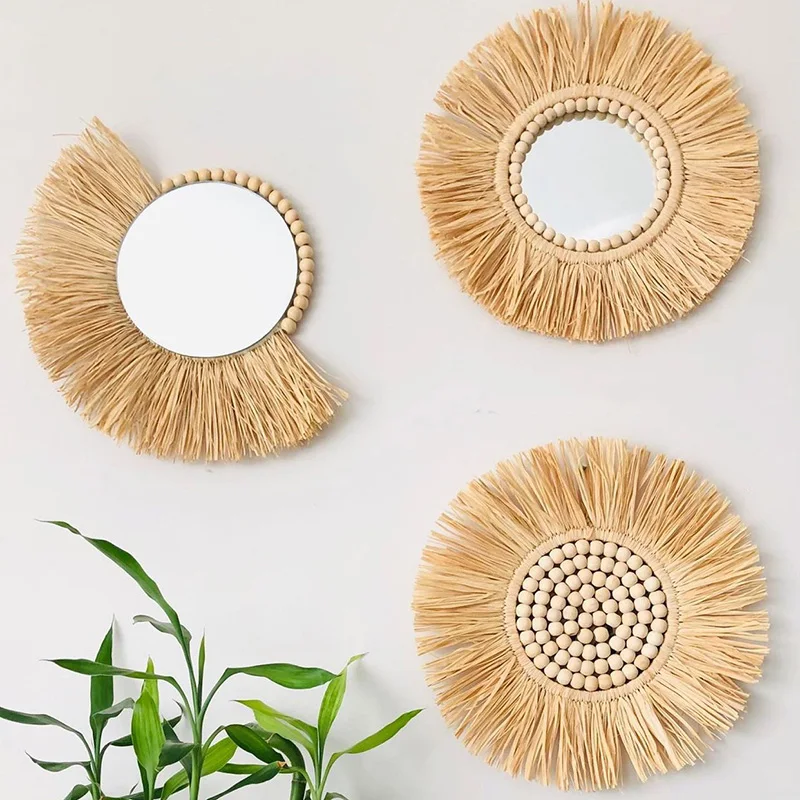 

Ins Moroccan Wood Beads Straw Rattan Woven Mirror Room Sofa Background Wall Porch Bedside Homestay Wall Decor Hanging Ornament