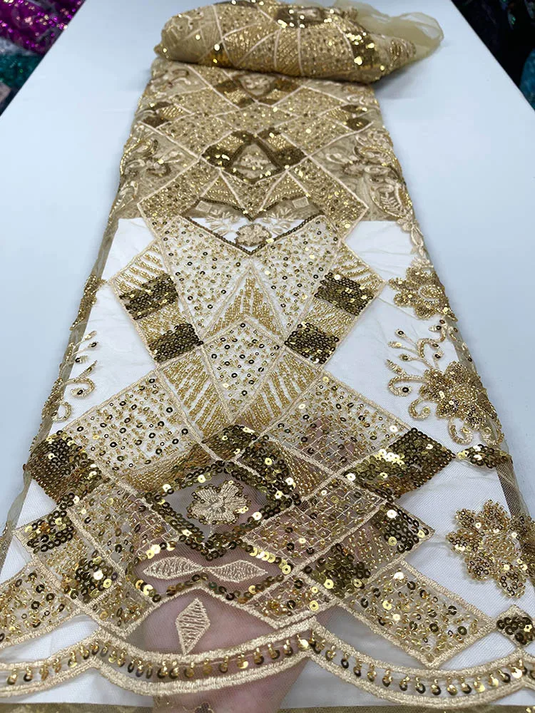 

5 ярдов, новейшая Роскошная африканская кружевная ткань с вышивкой и блестками, тяжелые бусины, Высококачественная нигерийская кружевная ткань для свадебного платья