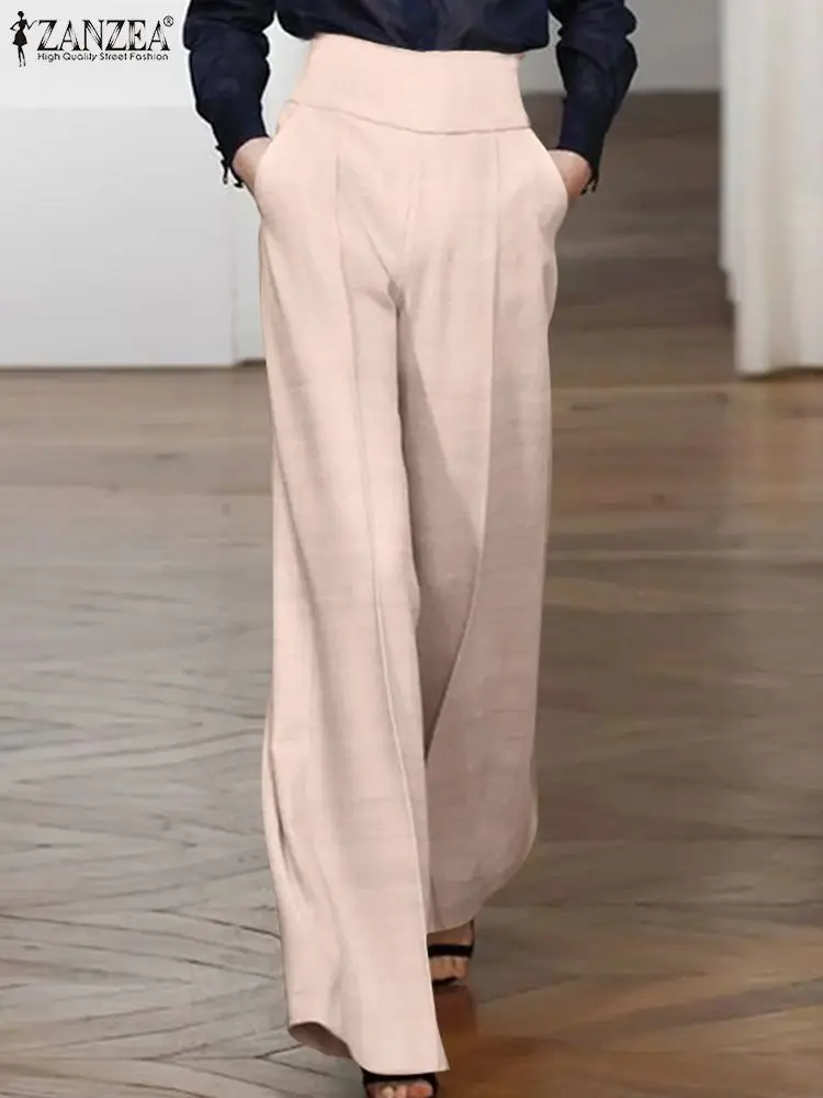 

ZANZEA Women Spring OL Trousers Vintage High Waist Loose Casual Solid Wide Leg Pants Work Office PantalonOversized Palazzo