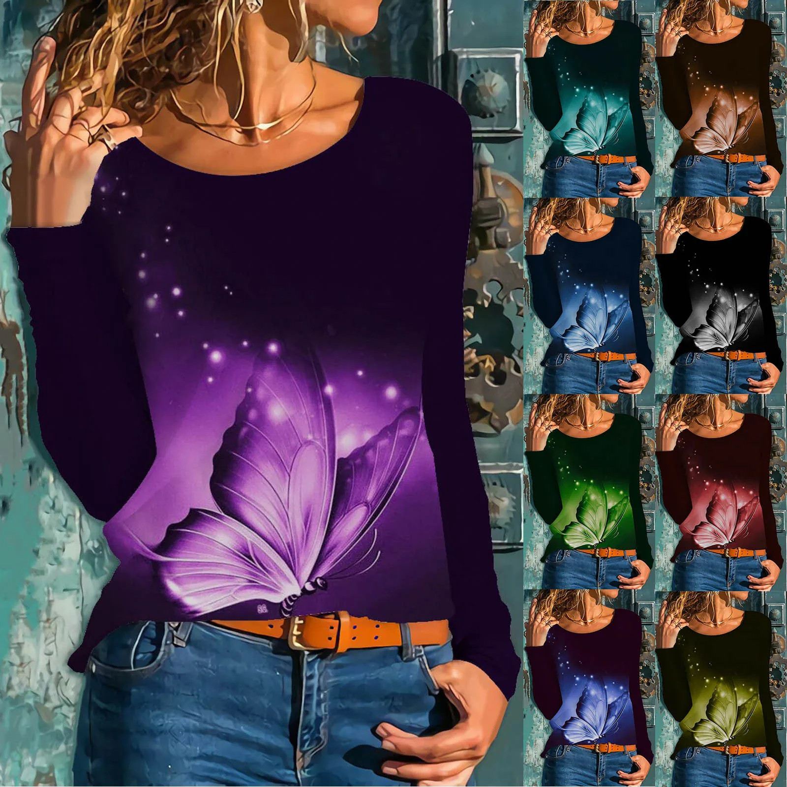 

Women Long Sleeve Pullover Top Butterfly Print Fashion Casual Crew Neck T Shirt Compression Shirt Women T Neck Tops for Women