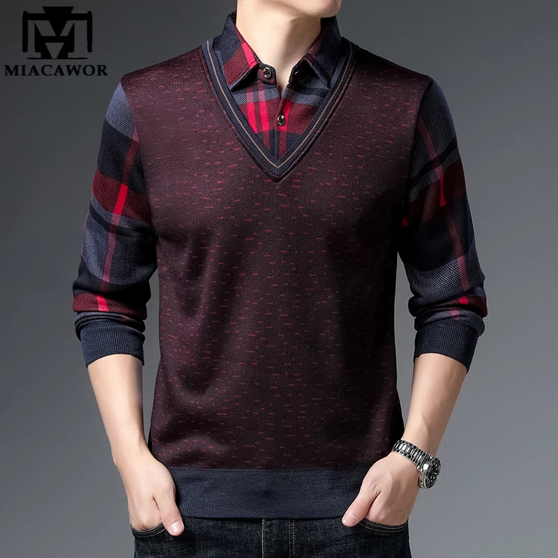 

New Fashion Brand Fake Two Knitwear Sweater Men Autumn Winter Warm Soft Pullover Korean Casual Pull Homme Men Clothing Y501