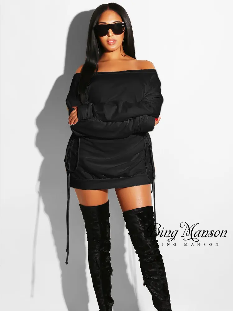 

New Women Hoodie Sweatshirt Dress Sexy Casual Side Lace Up Loose Off Shoulder Long Sleeve Mini Dresses Streetwear Sexy Dress