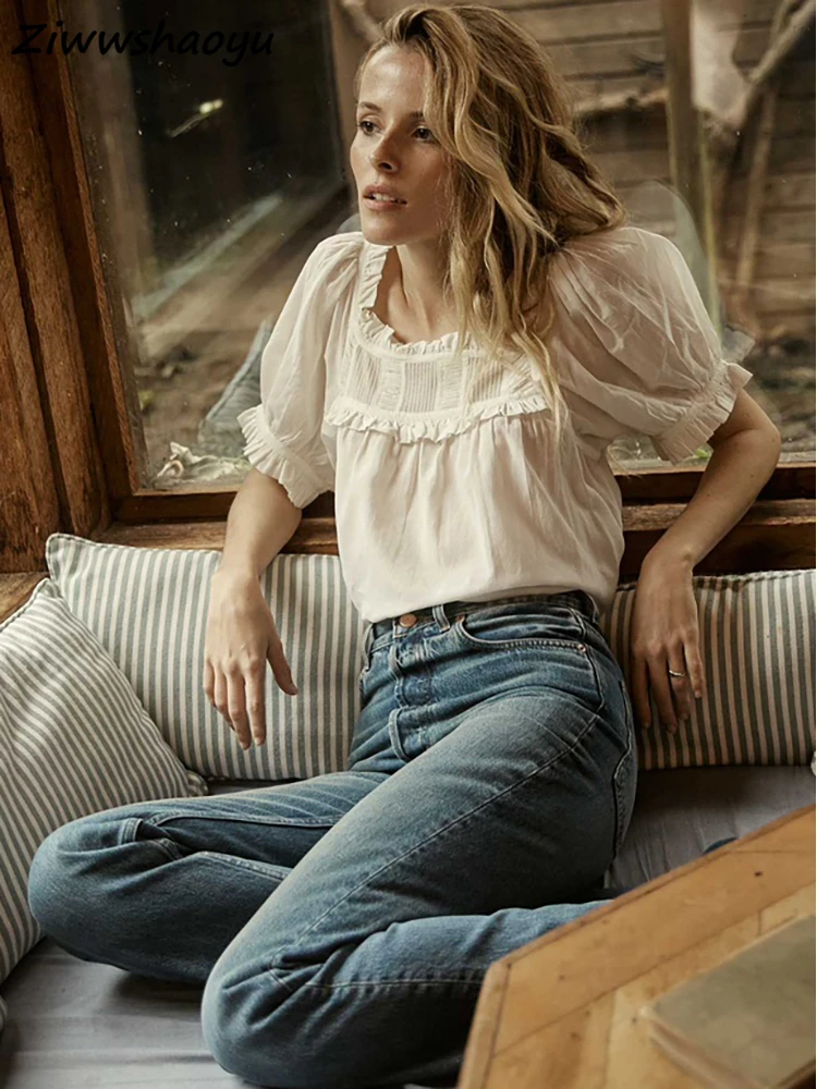 

High Quality Summer Women Fashion Runway Designer Lantern Short Sleeve Ruffles Trim Hem White Print Straight Tops T-shirs