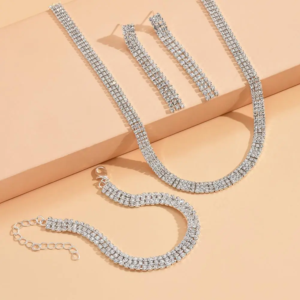 

High-class Luxury Solid Sparkling Rhinestone Dangle Earrings Bracelet Kit Hypoallergenic Ladies Necklace Jewelry Accessories